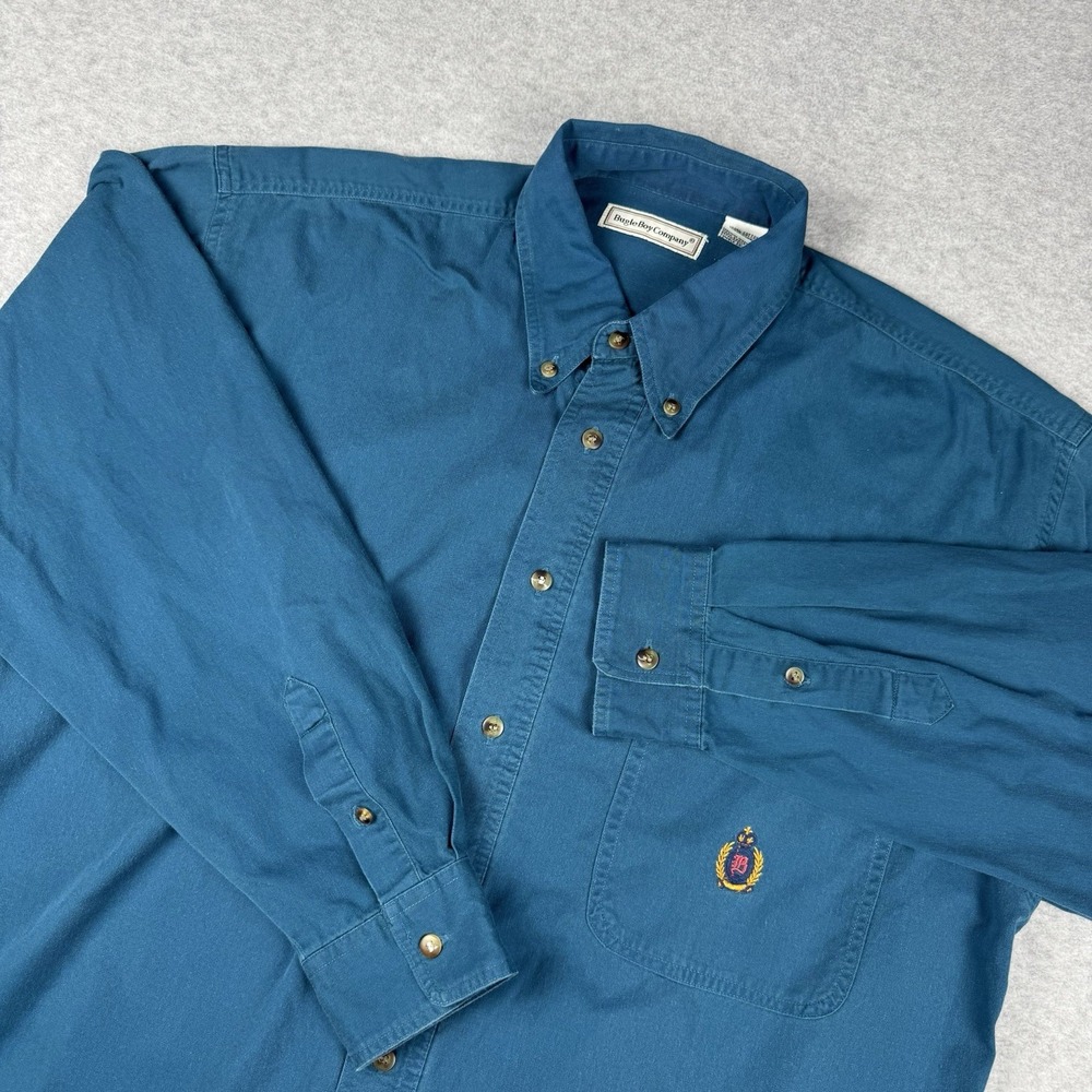 Vtg 90s Bugle Boy Button Down Shirt Men's Large Blue Teal Crest Logo Long Sleeve